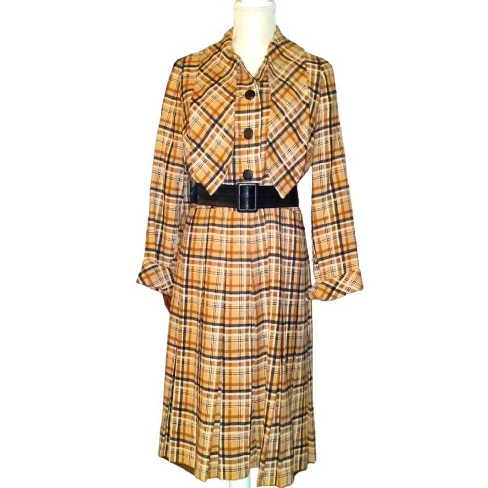 Robert Courtney 70s vintage tan‎ and black plaid shirt dress